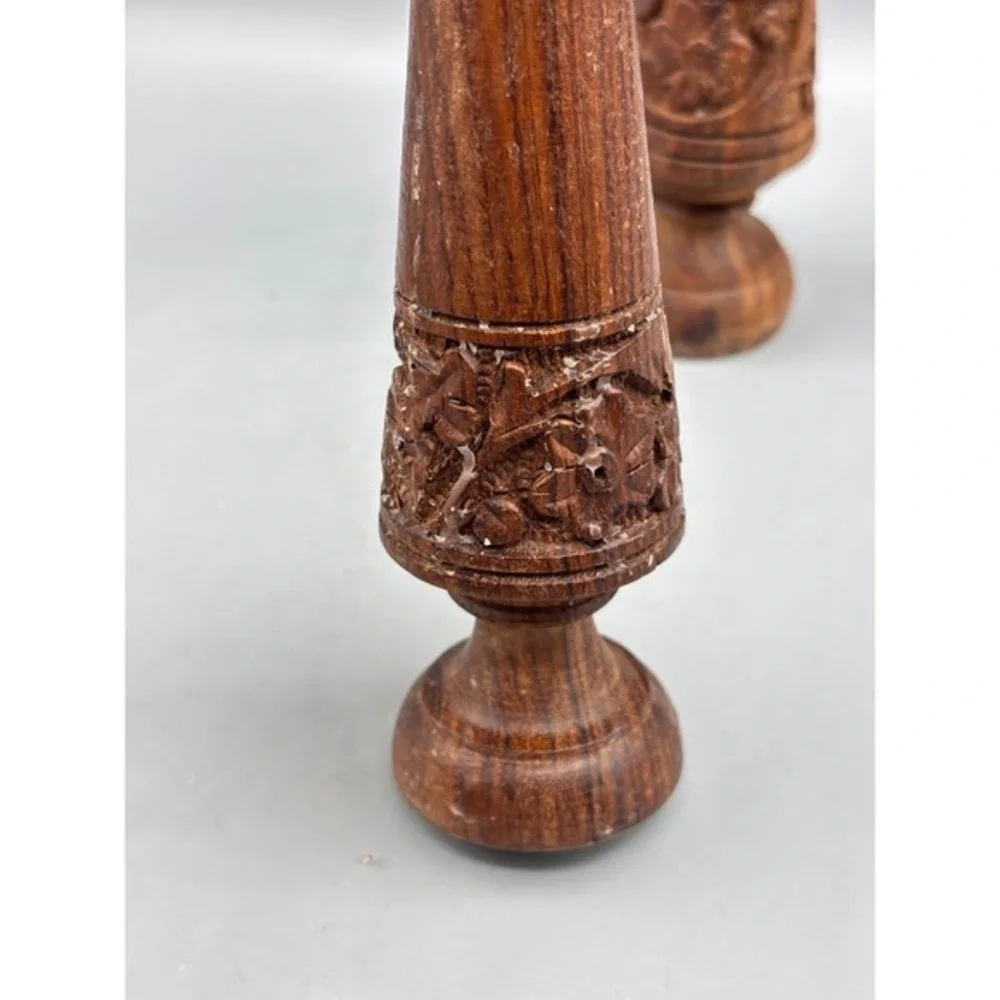 Vintage Carved Wooden Candlesticks Pair Floral Design Taper Boho‎